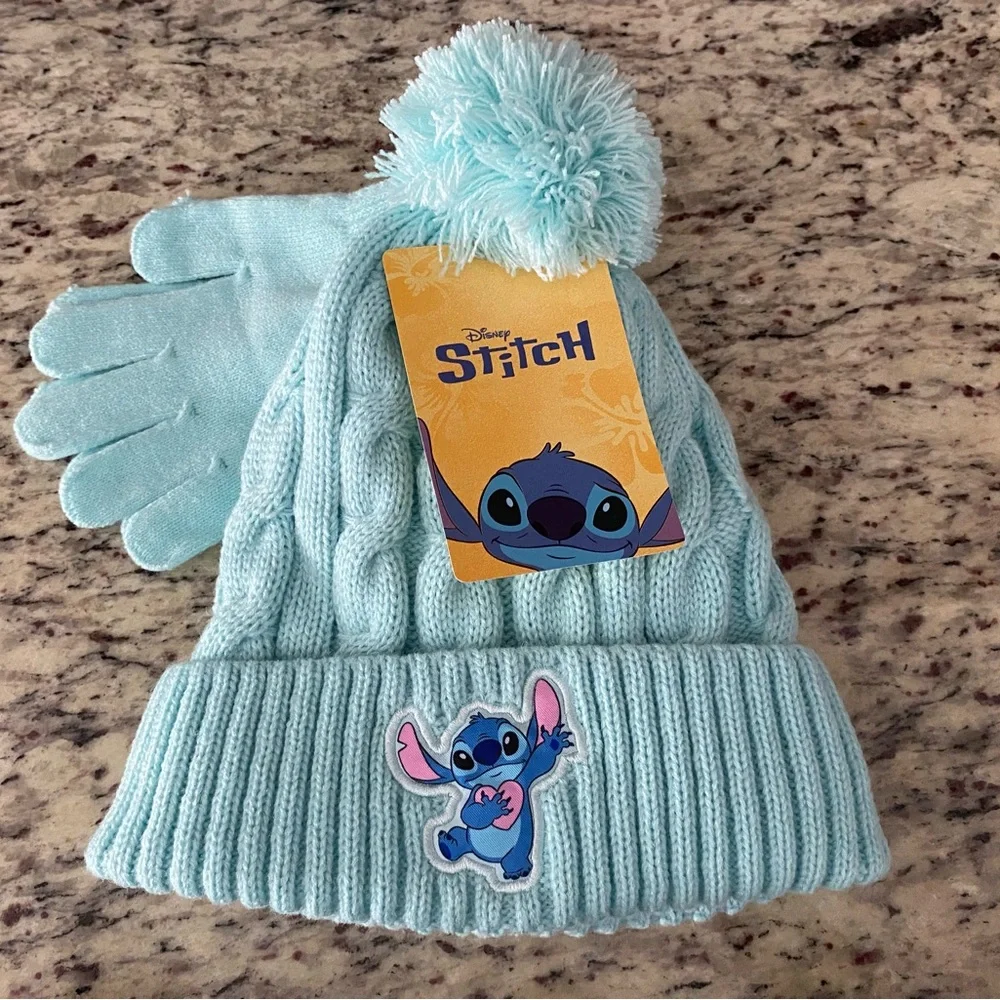 Disney Lilo & Stitch girls beanie mittens set light blue winter hat pom pom nwt